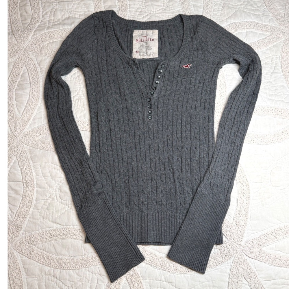 VTG Hollister Y2K Henley Coquette Sweater Bella Swan Elena Gray Cable Medium